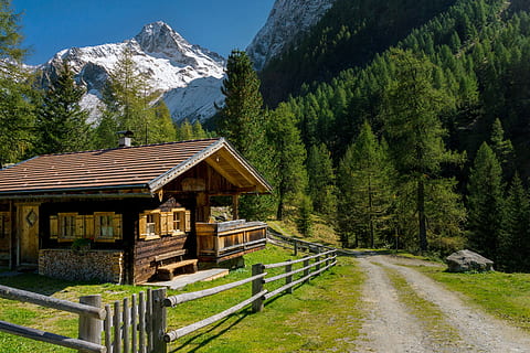 house near road away from trees, mountains, landscape, alpine HD wallpaper