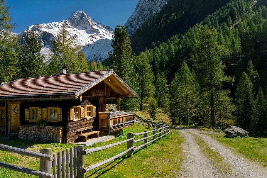 house near road away from trees, mountains, landscape, alpine HD wallpaper