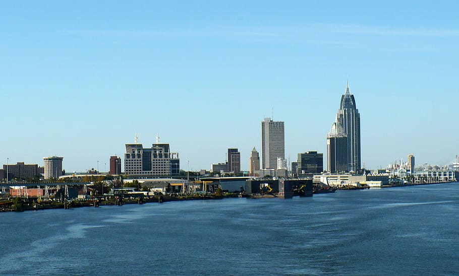 Skyline of Mobile, Alabama from the Gulf, buildings, city, photos