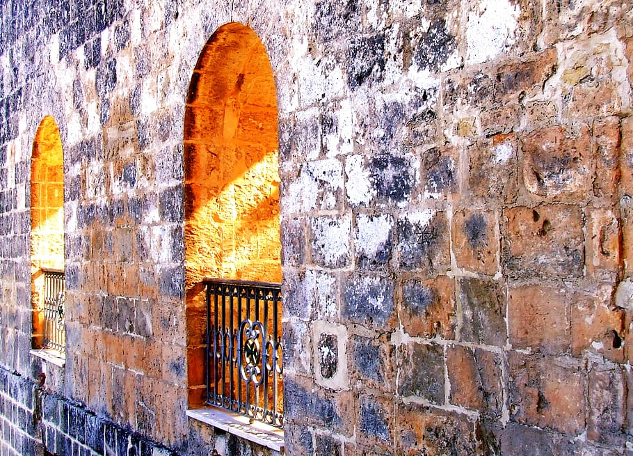 stone wall, arches, window, background, architecture, old, ancient