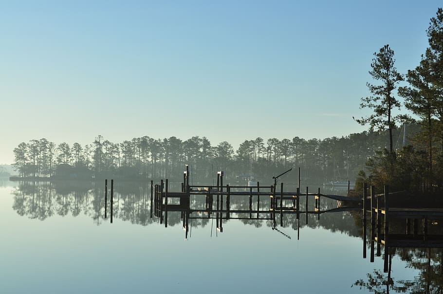 still body of water and wooden dock during daytime, river, pier HD wallpaper