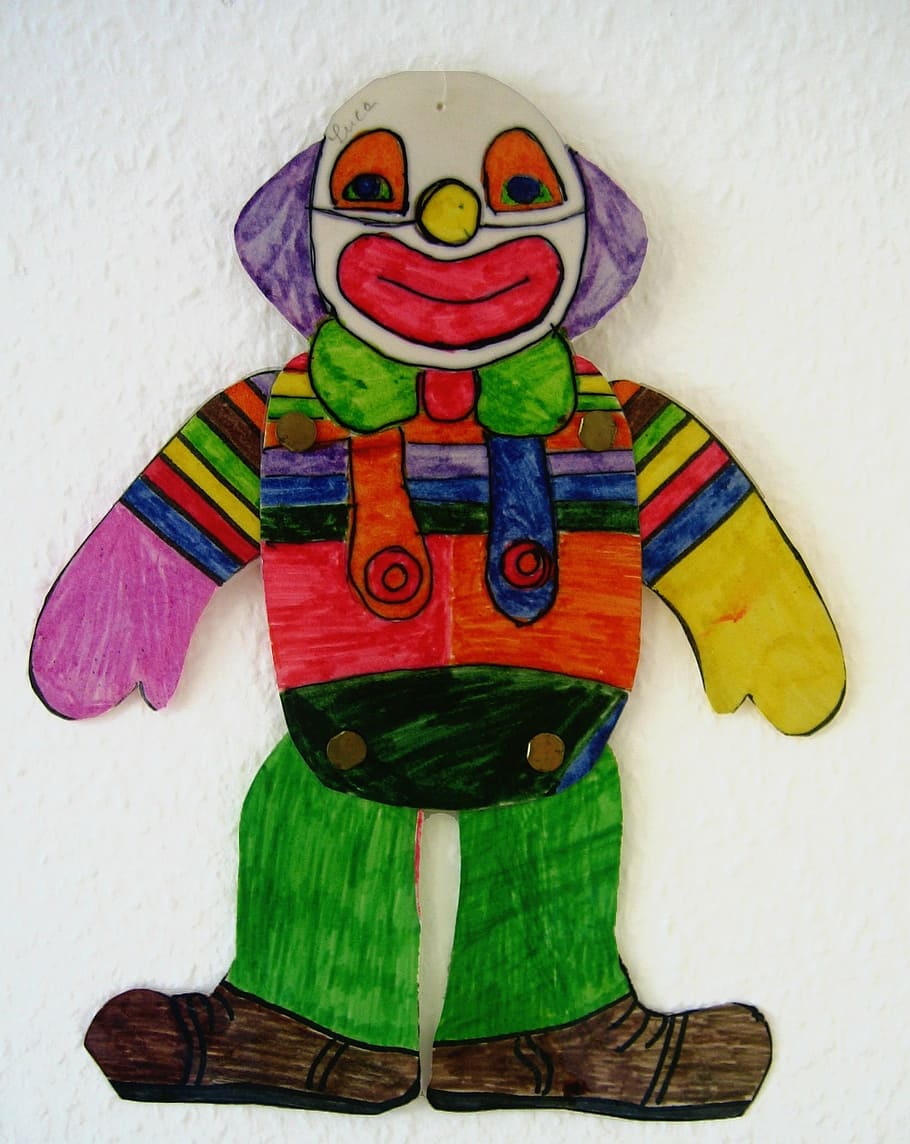clown, drawing, children drawing, paint, smile, laugh, joy