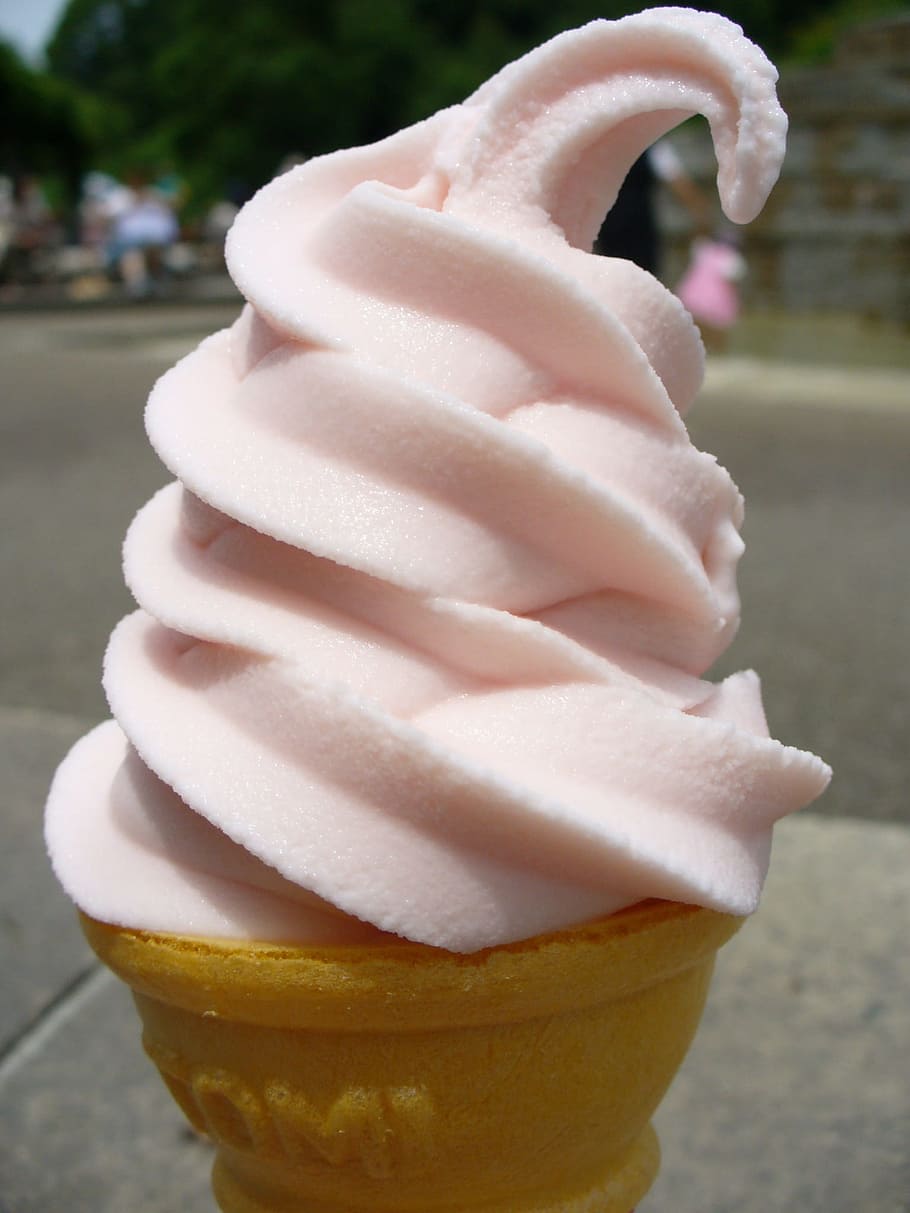 pink ice cream on brown cone, soft ice cream cone, vanilla, snack
