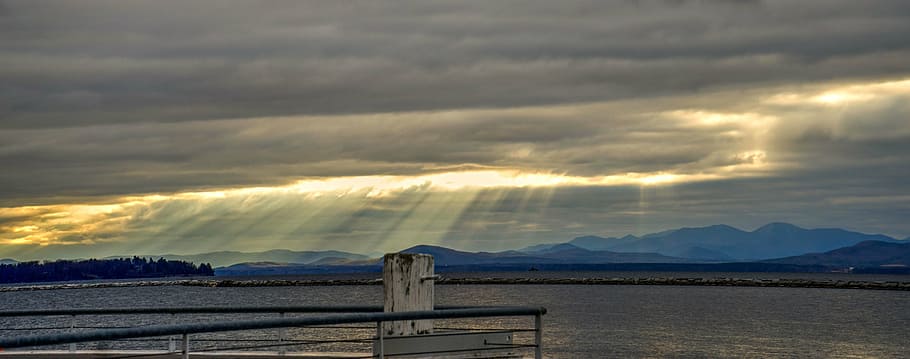 sun rays, mountains, lake champlain, vermont, landscape, sky HD wallpaper