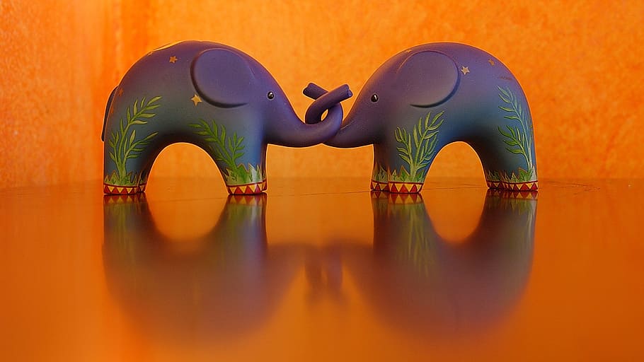 two purple elephant figurines, orange, blue, elephants, color, HD wallpaper