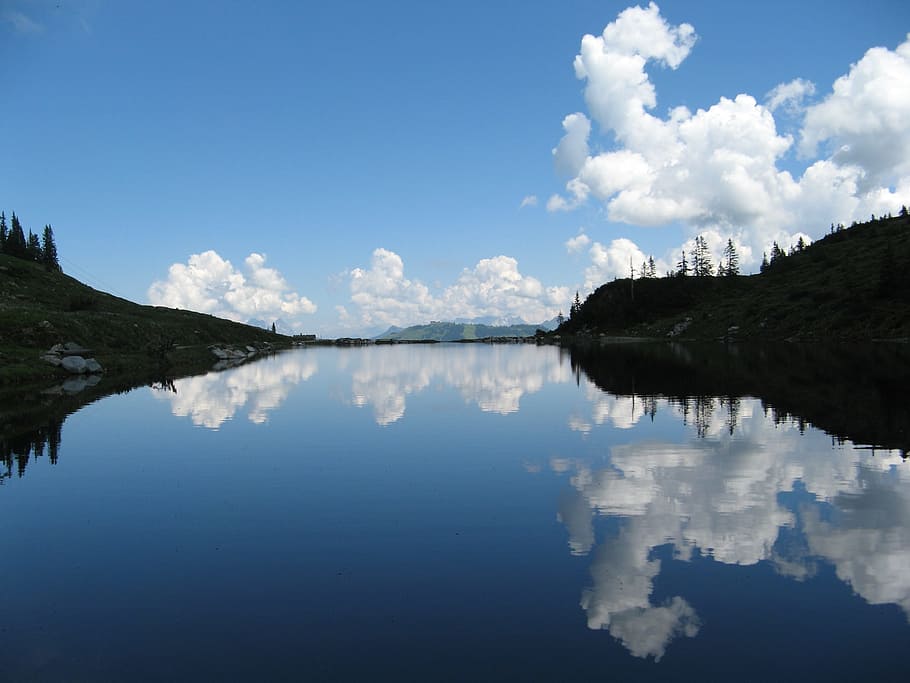 clouds, mirroring, mountains, lake, reflection, water, sky HD wallpaper