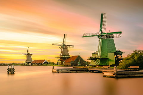 green windmill near body of water at sunset, architecture, bridge HD wallpaper
