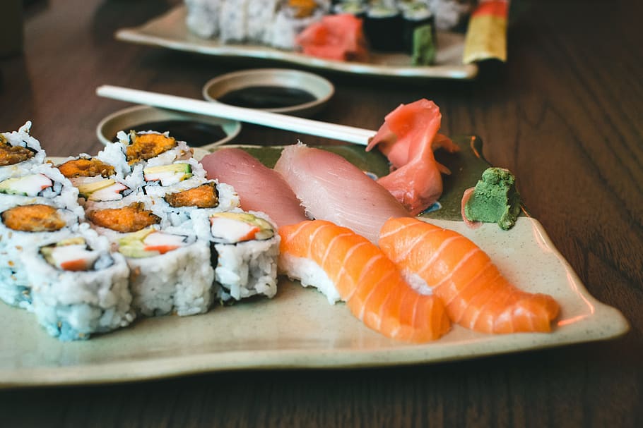 Fresh Sushi Yam California Rolls, food, seafood, salmon, prepared Fish