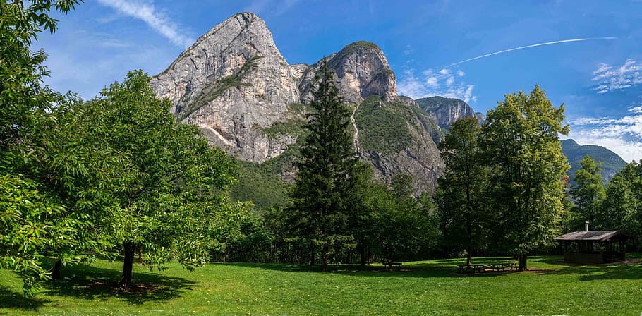 green trees near gray mountain, alpine, mountains, sky, panorama HD wallpaper