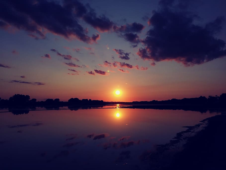 sunset, sky, clouds, lake, color, blue, orange, water, beauty in nature HD wallpaper