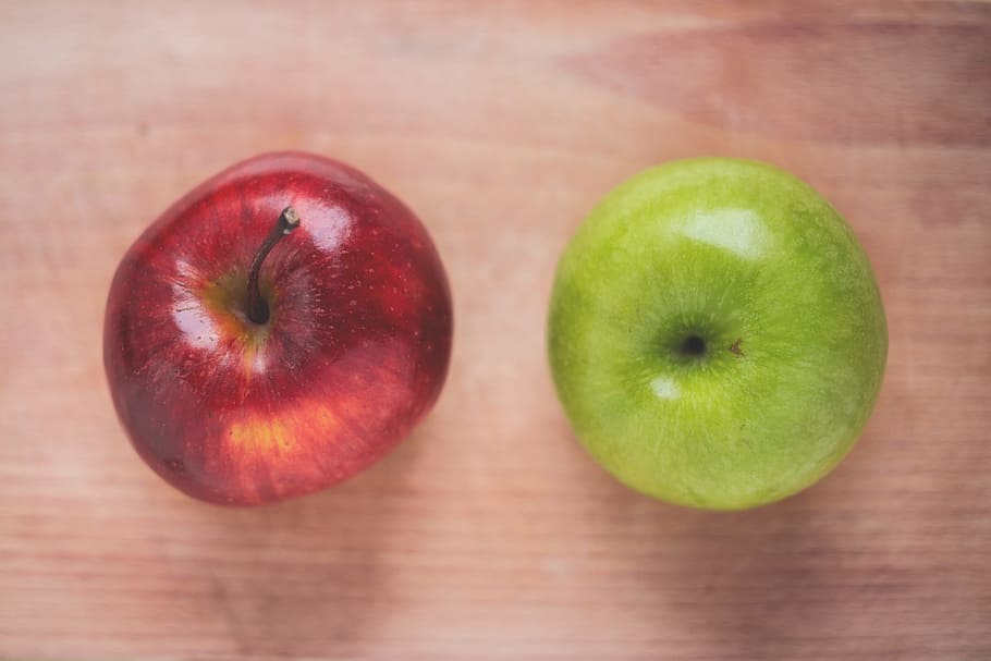 food, fruits, apples, row, red, green, wood, table, top, view, HD wallpaper
