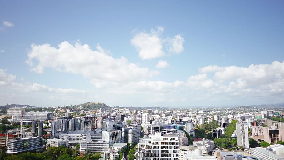 wide angle photo of buildings, cityscape, clouds, skyline, architecture HD wallpaper