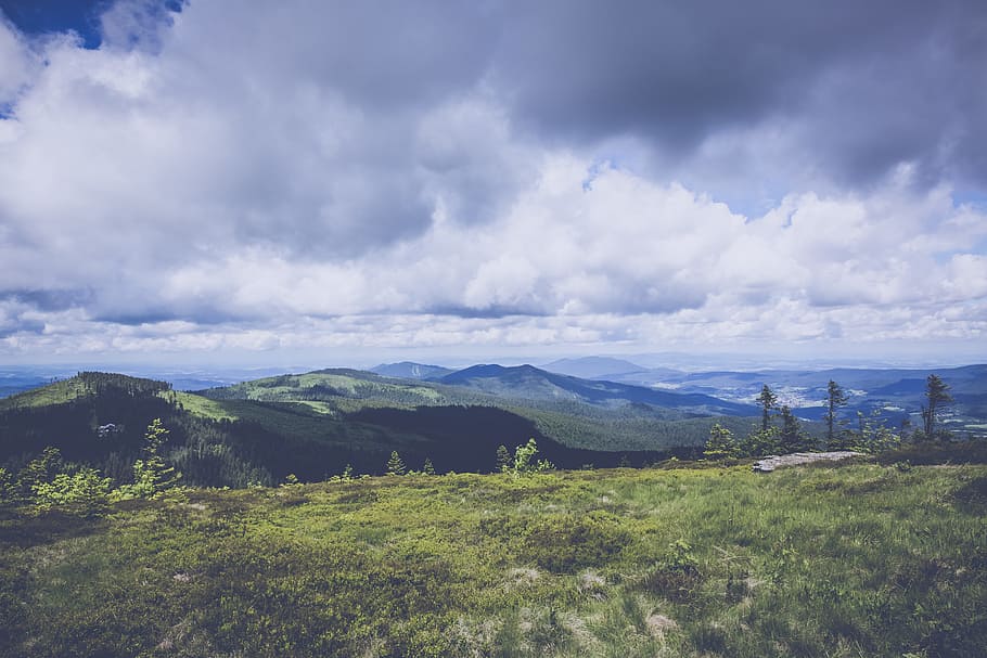 Green Mountain Under Blue Sky, clouds, daylight, forest, grass HD wallpaper