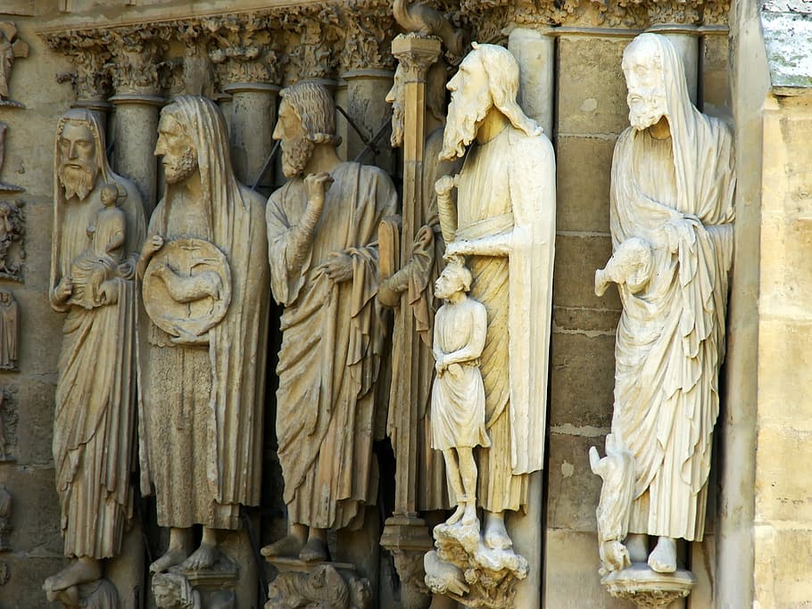 reims, cathedral, statue, sculptures, saint, religion, faith HD wallpaper