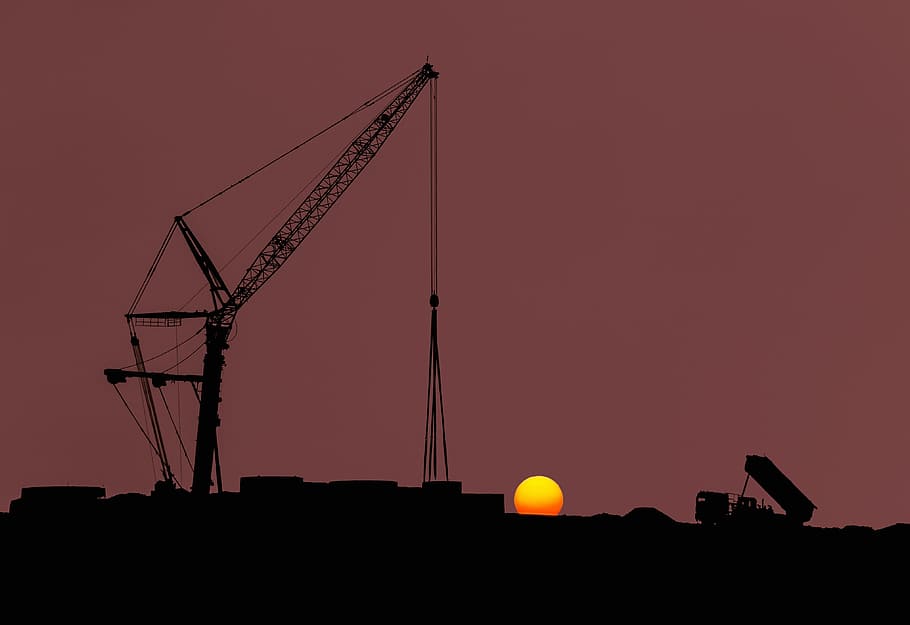 industry, machine, silhouette, sunset, sky, machinery, construction site HD wallpaper
