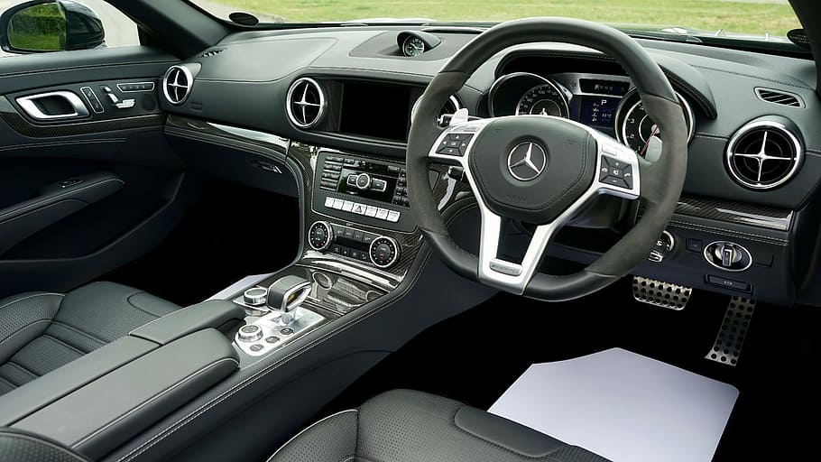 empty gray Mercedes-Benz interior, car, steering, wheel, vehicle HD wallpaper