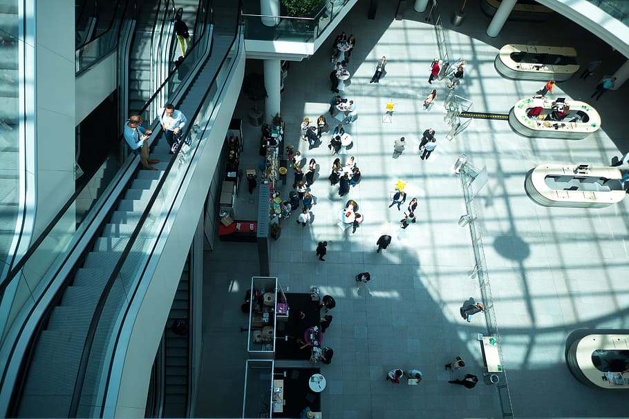 group of people walking through building, architecture, modern HD wallpaper