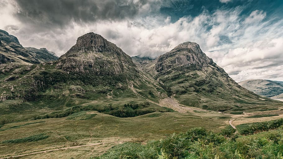 green rocky mountain, gray mountain under cumulus clouds, sky HD wallpaper