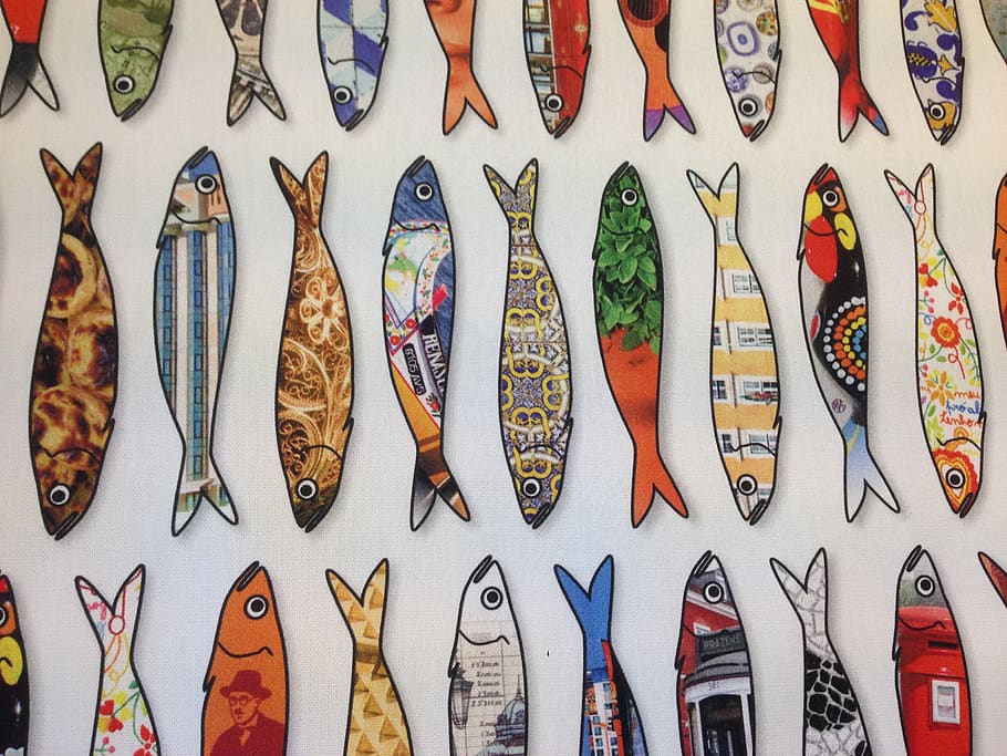 fish, sardines, motive, pattern, textile, funny, large group of objects HD wallpaper