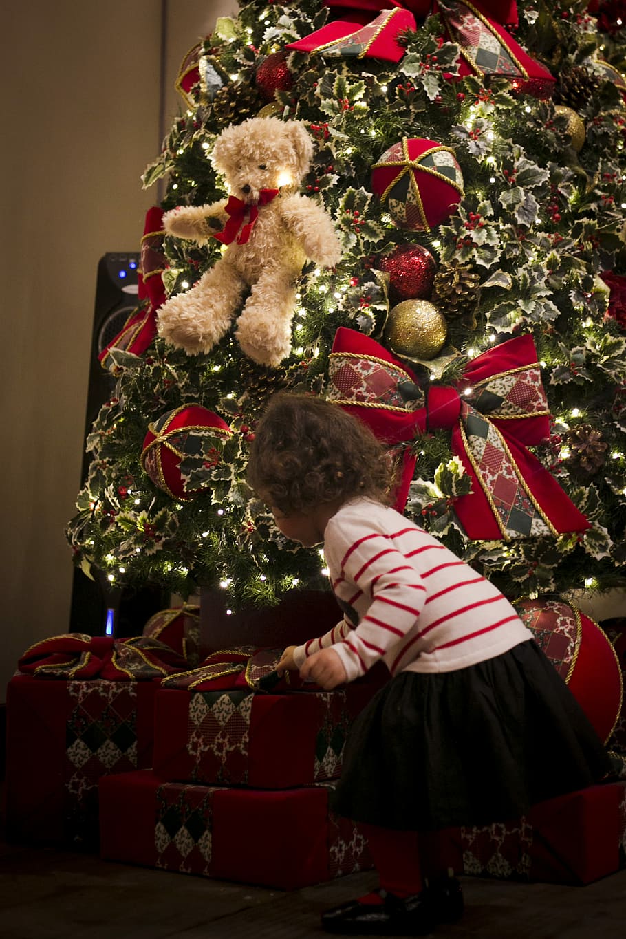 Look! A gift!, girl holding gifts under Christmas tree, bauble HD wallpaper