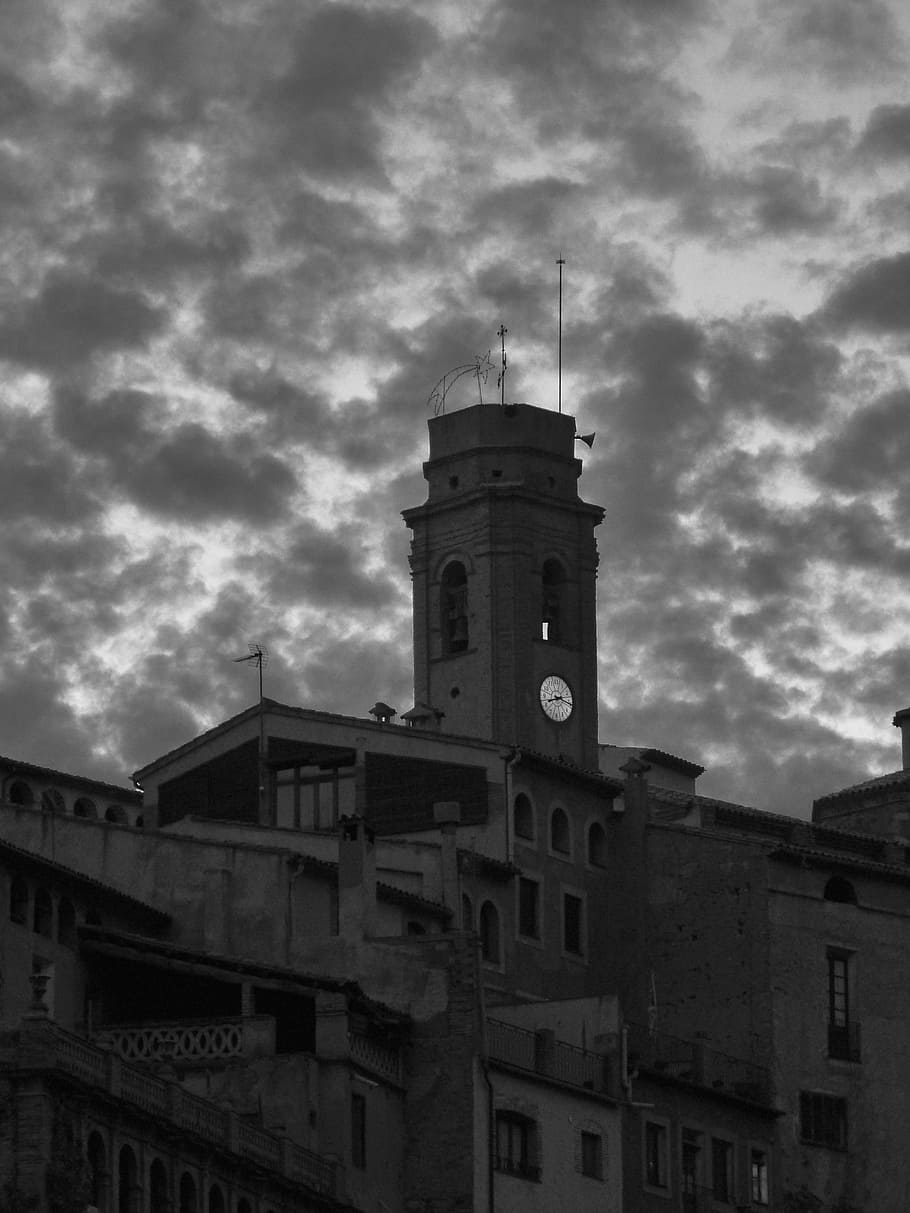 sunset, bell tower, clouds, historical, monument, city, old HD wallpaper
