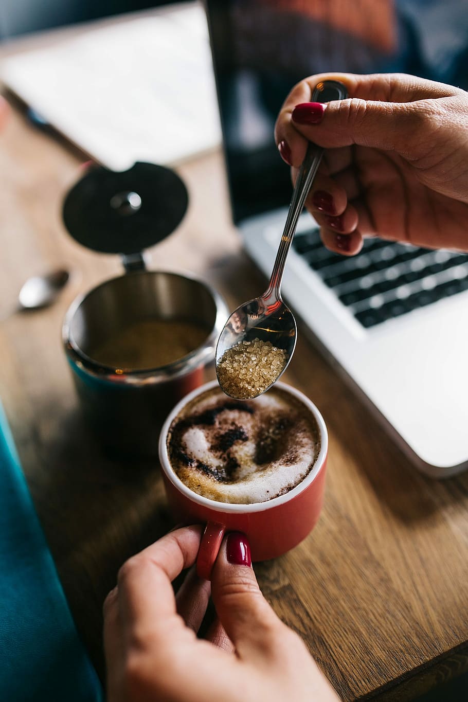 Cup of coffee with sugar, cafe, late, espresso, human Hand, people HD wallpaper