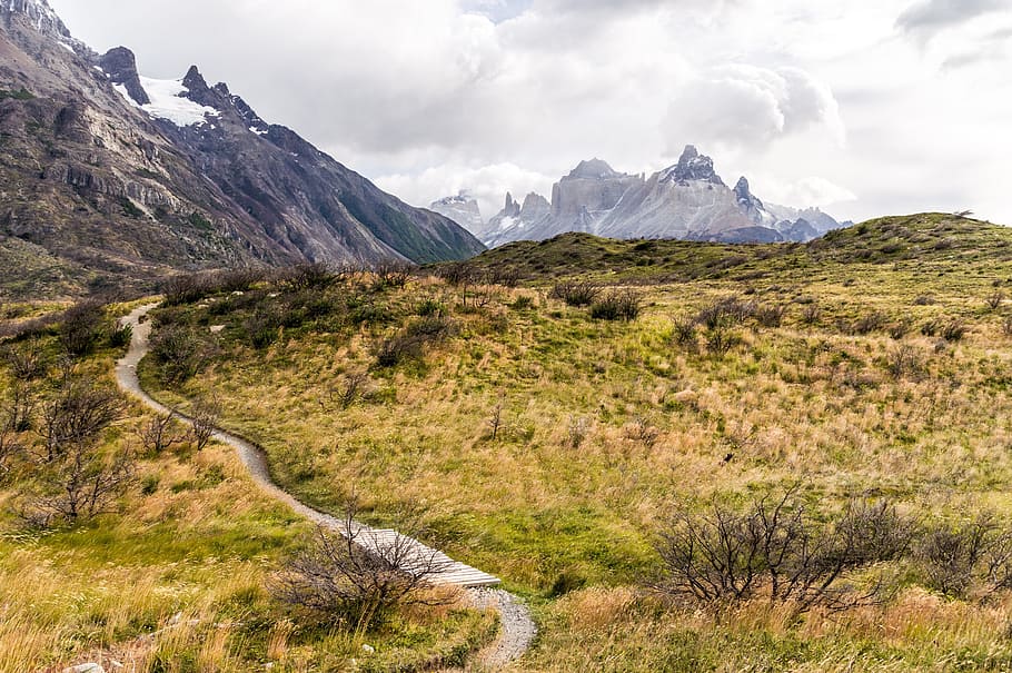 mountain field with road photo, way, path, mountains, hiking HD wallpaper