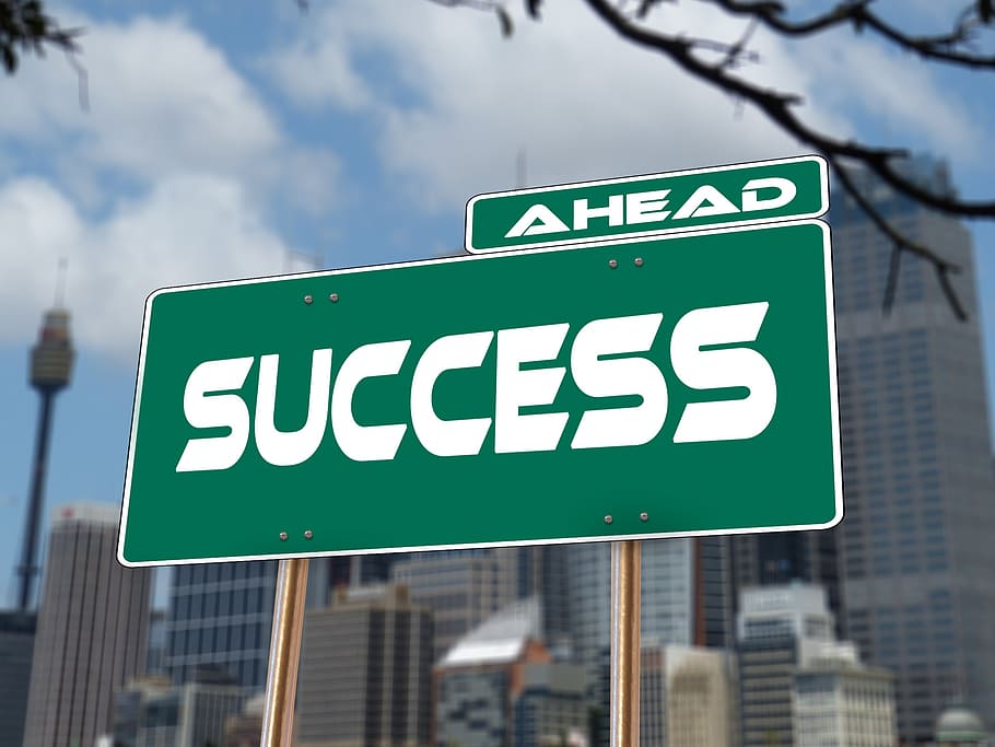 green and white success signage, road sign, traffic sign, career