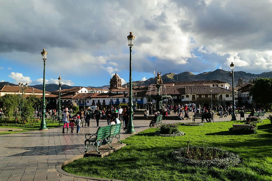 crowded park near houses, people, gray, cloudy, sky, Plaza de Armes HD wallpaper