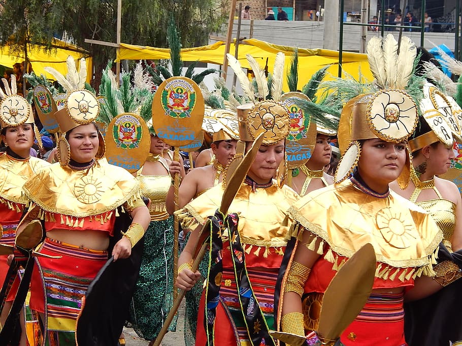 people wearing head dress on road, costumes, carnival, cajamarca, HD wallpaper