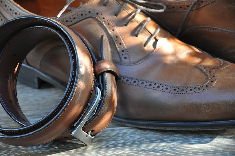 brown leather belt beside derby shoes, menswear, man, male, clothing