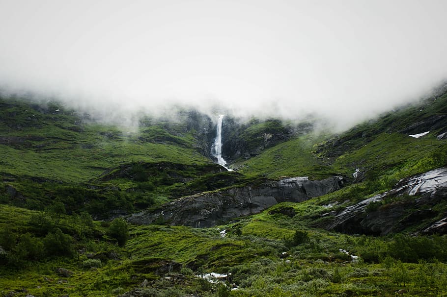 green mountain covered with clouds, fog, mist, landscape, cascade HD wallpaper