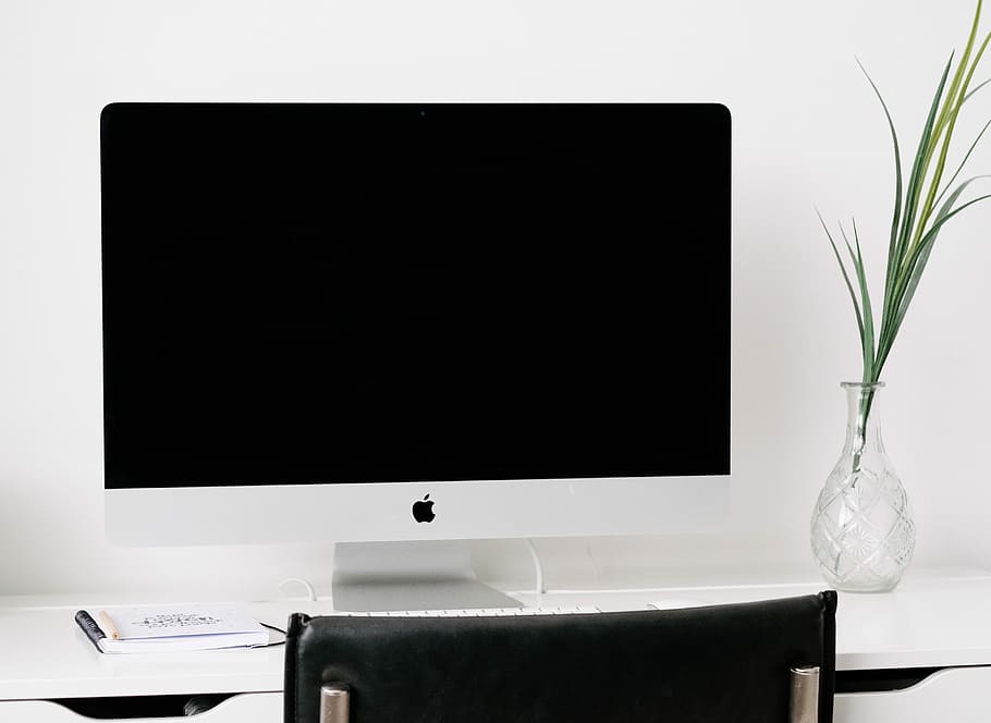 turned off silver iMac, Apple iMac on desk, working, technology HD wallpaper