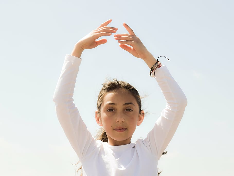 girl raise her arms up, dancing, light, peace, balance, wellness HD wallpaper
