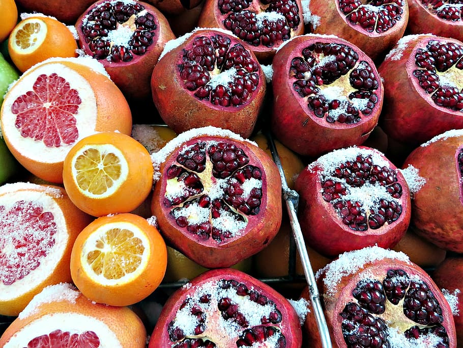 fruit, snow, istanbul, winter, pomegranate, grapefruit, oranges