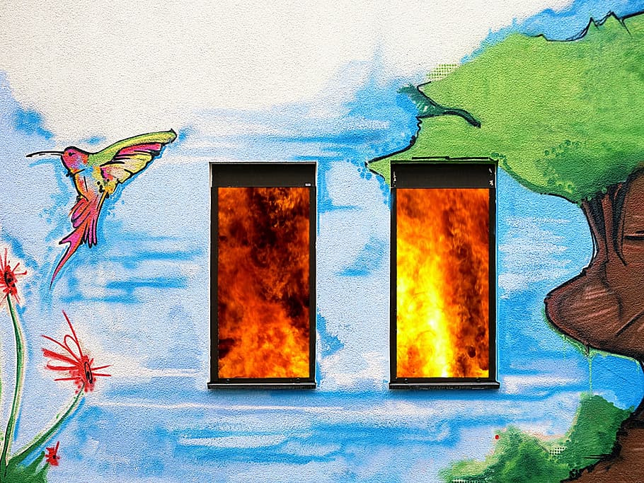 facade, wall, fire, brand, domestic heating, room fire, window HD wallpaper