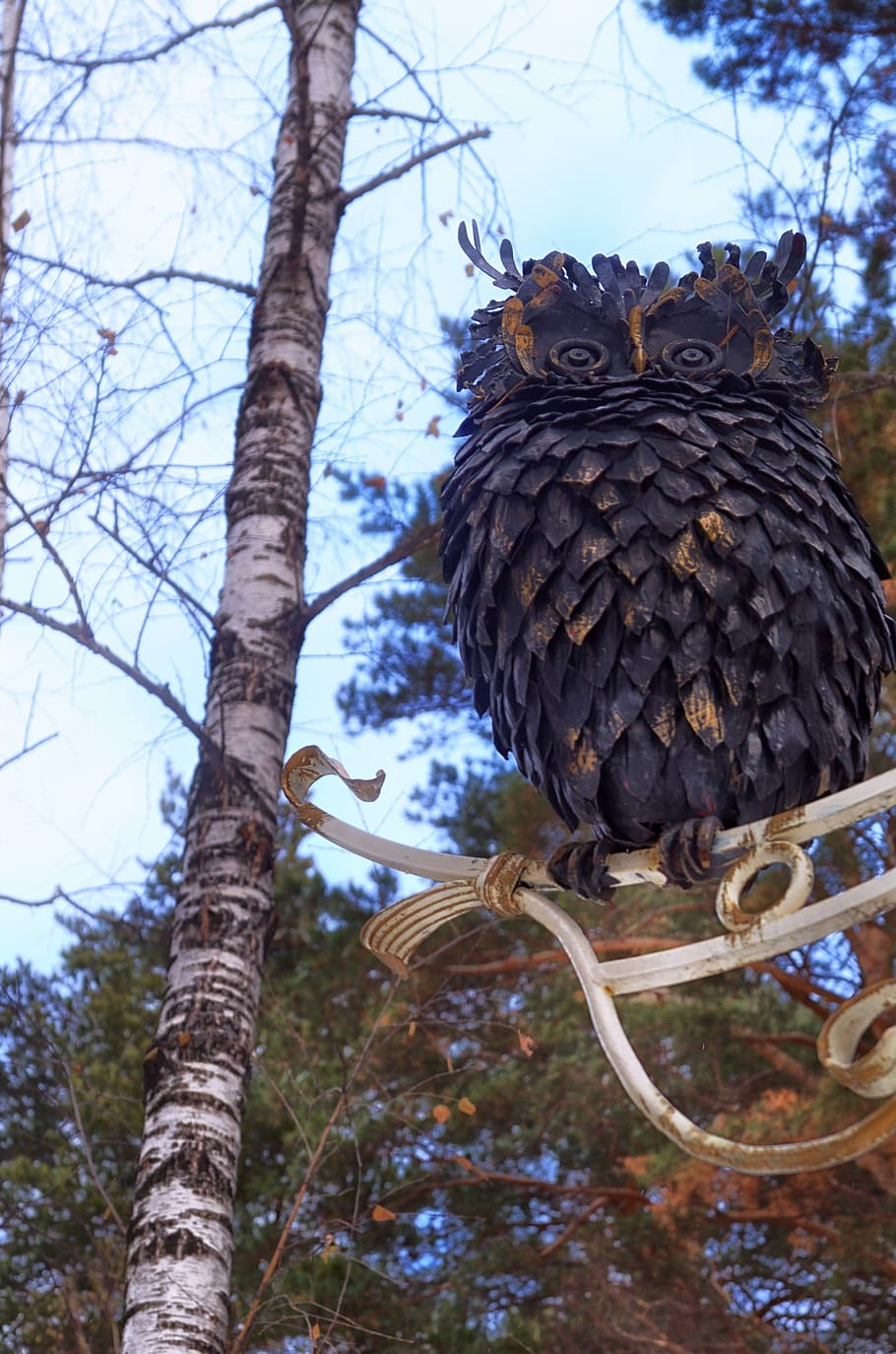 owl, tree, sculpture, trees, park, art, plant, animals in the wild HD wallpaper