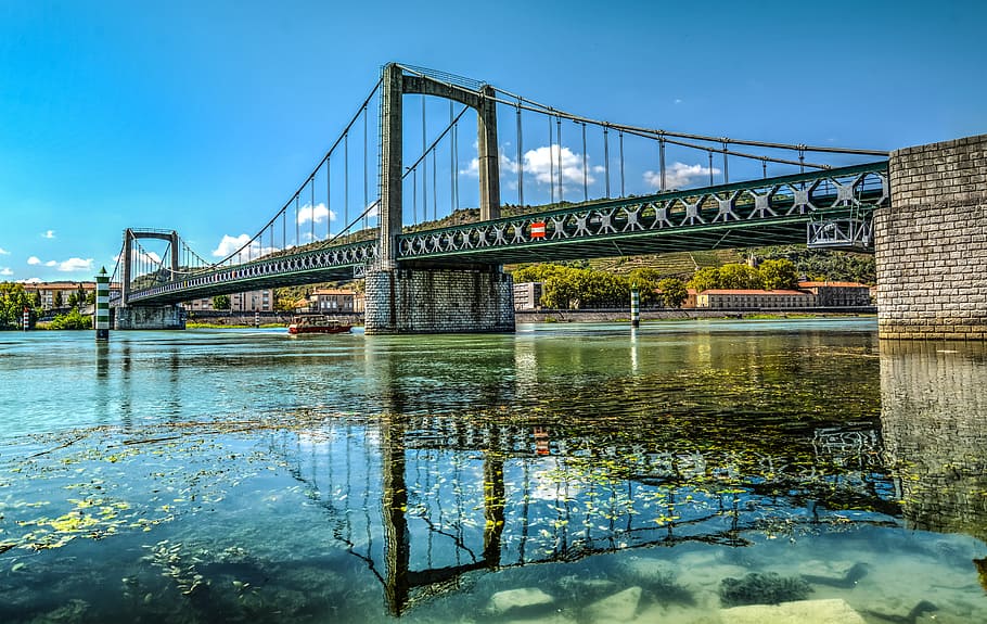 water, building, bridge, architecture, river, steel, suspension bridge HD wallpaper