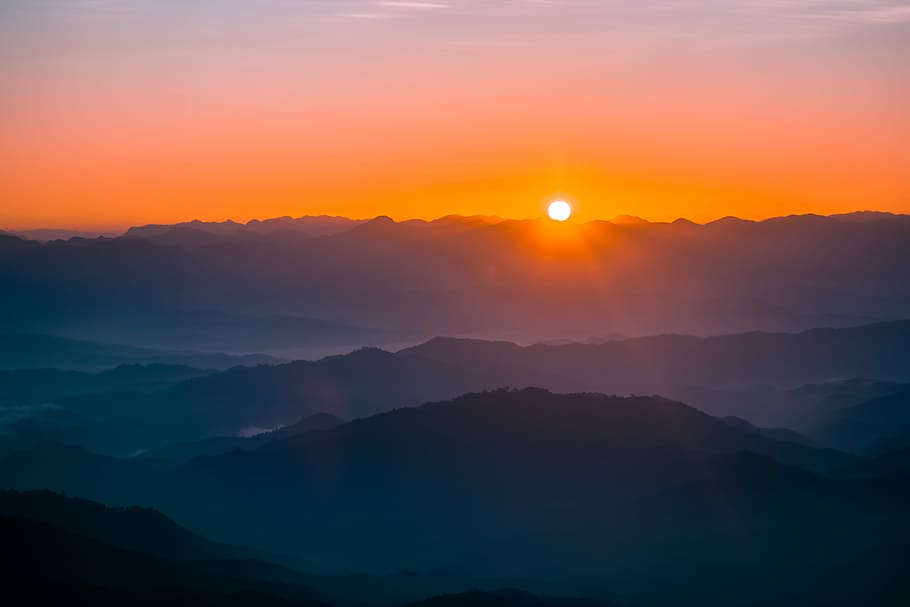 Amber of the sun will raise you up, landscape photo of mountain peaks during golden hour, HD wallpaper
