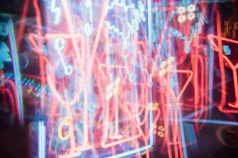 red and blue LED light time lapse, lights, night, dark, sign HD wallpaper