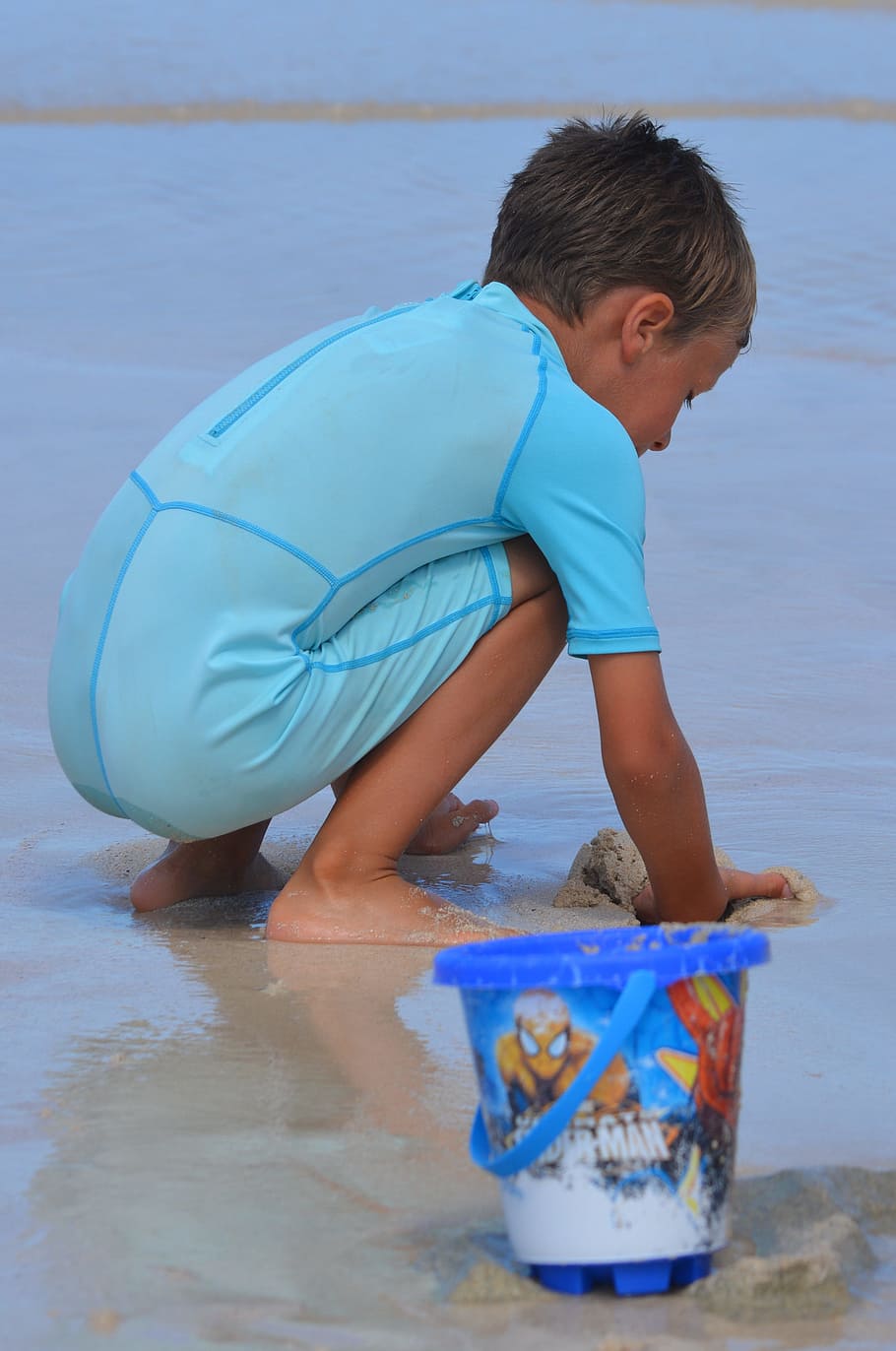 Child, Boy, Bucket, Beach, Sea, People, boys, one Person, childhood, HD wallpaper