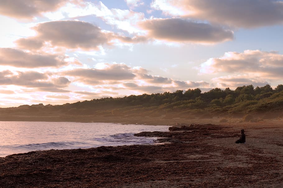 morning, beach, sun, clouds, sky, nature, person, relaxation HD wallpaper