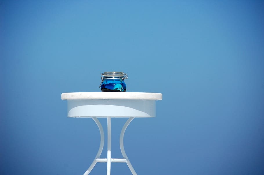 blue glass jar on wooden table, santorini, island, light, caldera HD wallpaper