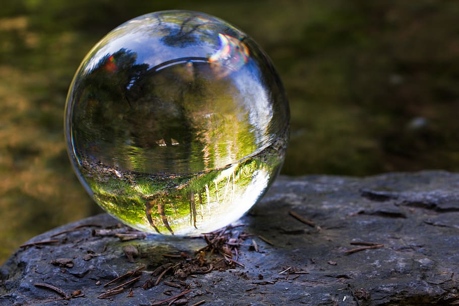 clear glass ball on rock formation, nature, waters, reflection, HD wallpaper