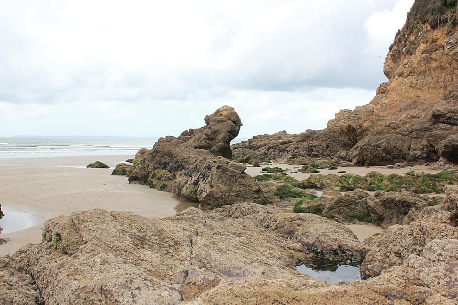 rock, beach, brittany, rock - object, solid, sea, sky, water HD wallpaper