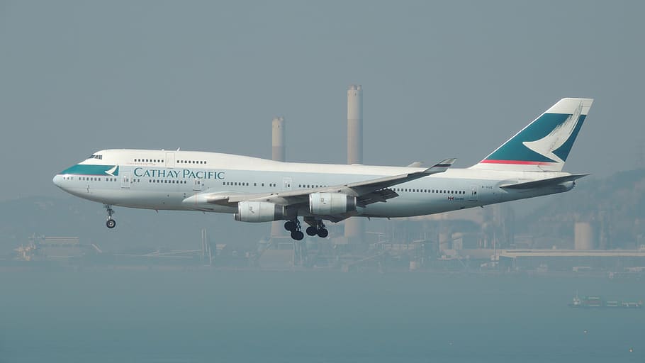white and blue Cathay Pacific airplane, hongkong, airport, asian
