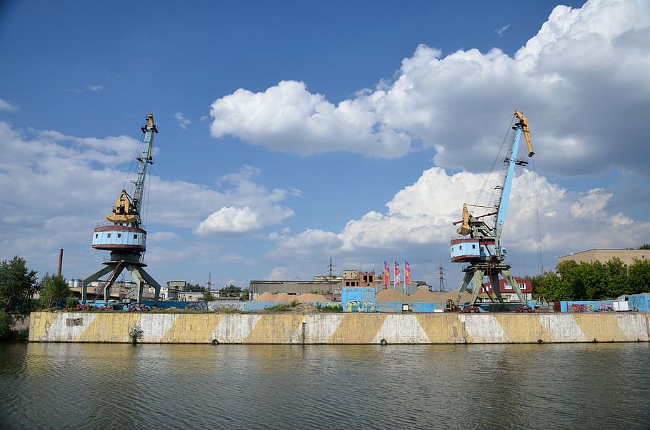 river, port crane, loading on the river, crane - Construction Machinery HD wallpaper