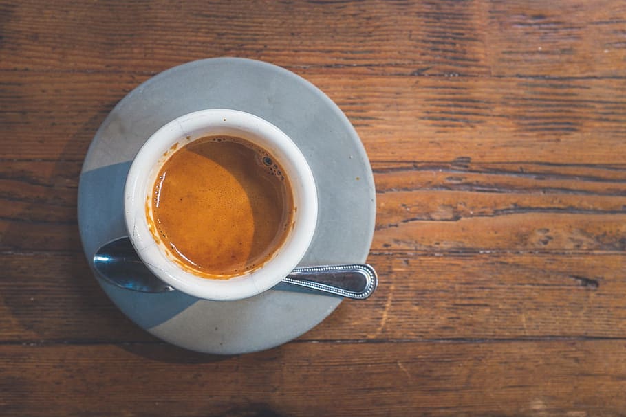 ceramic cup with coffee beside gray stainless steel spoon, espresso HD wallpaper