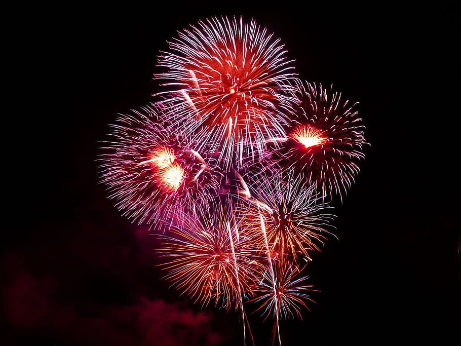 red and orange pagoda fireworks, rockets, colors, explosion HD wallpaper