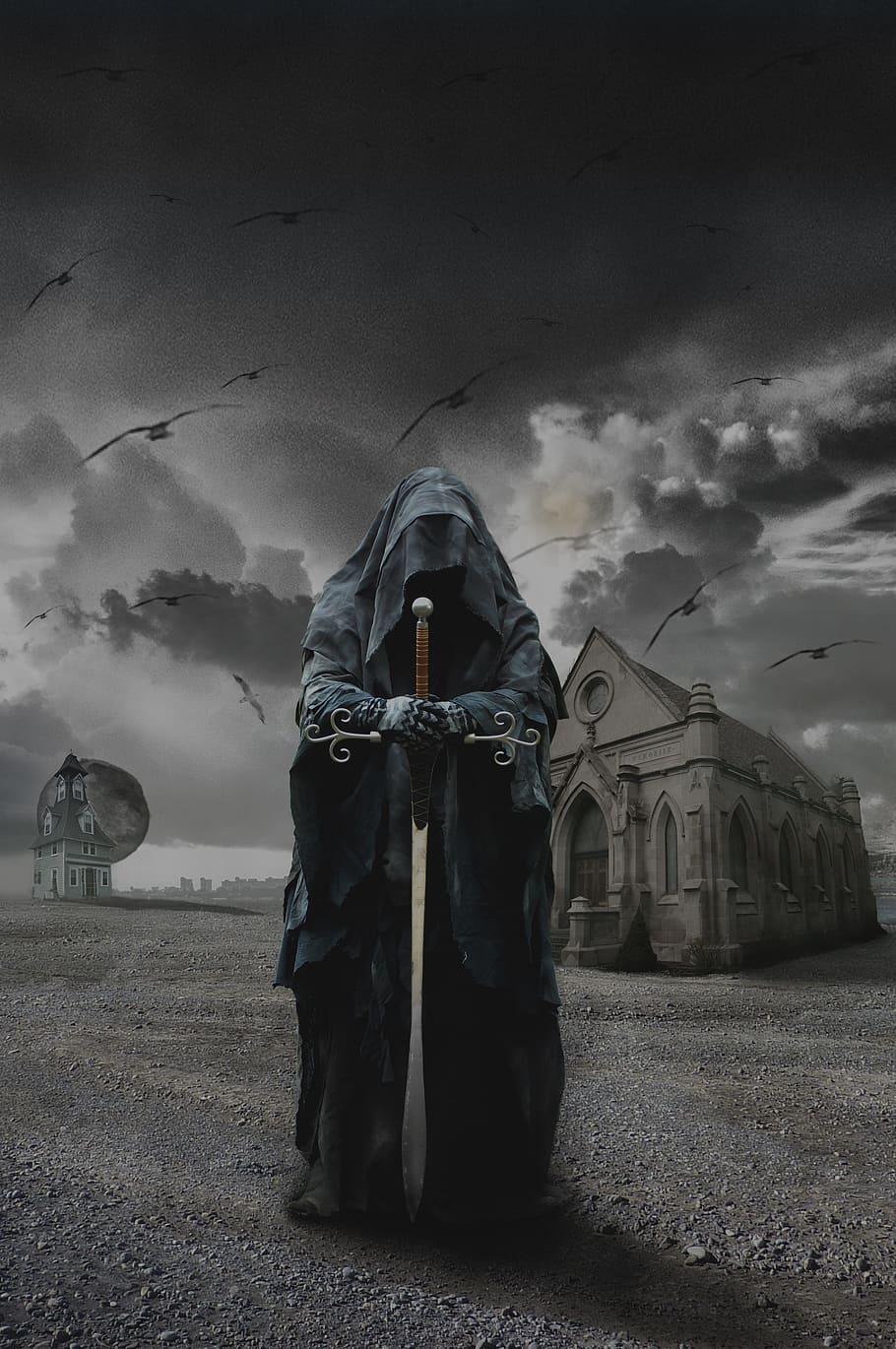 photo of man wearing black robe holding brown wooden-hilt sword near building with flight of crows